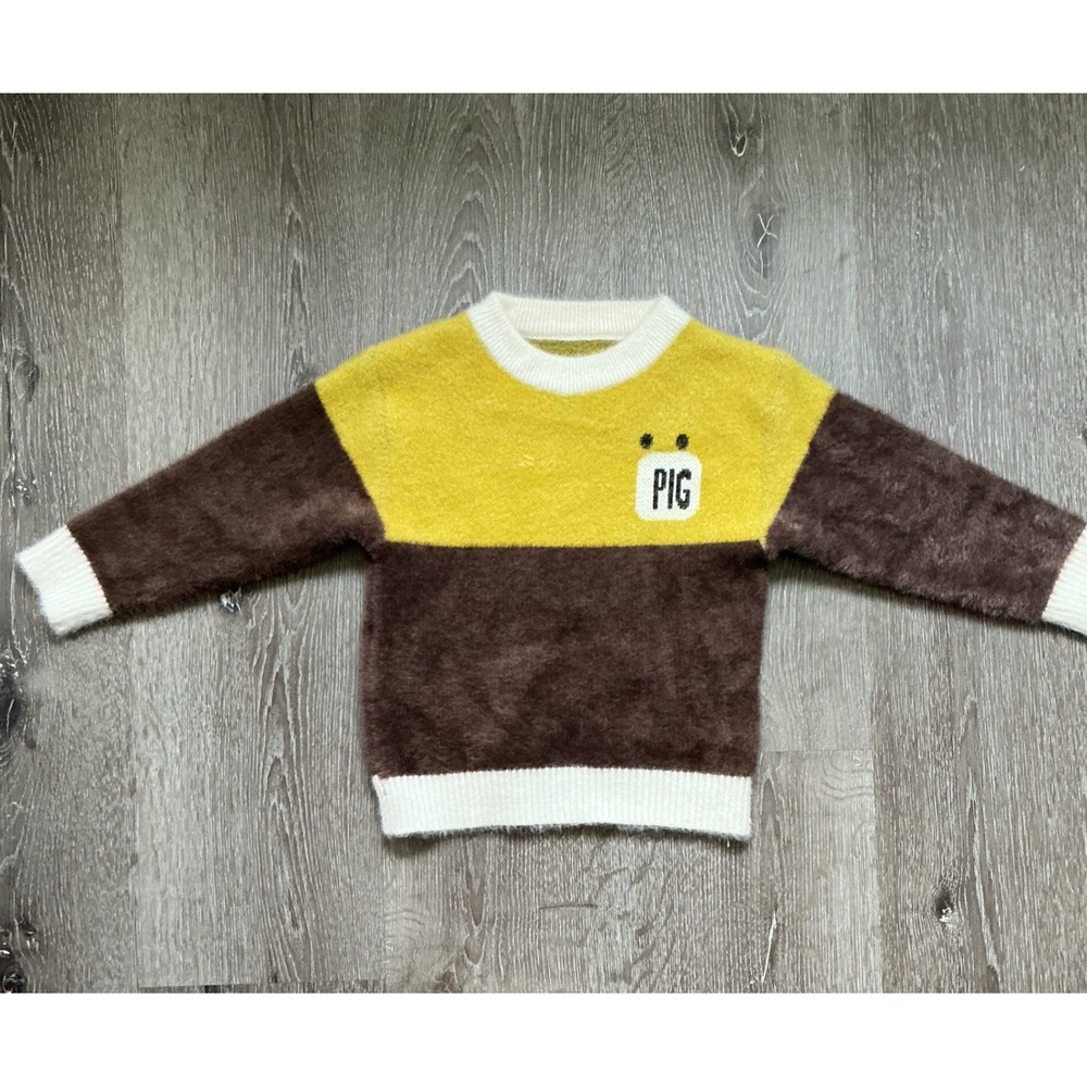 Kids Pig Face Sweater Yellow Brown Fuzzy Knit Pullover Top See‎ Measurementsjhn